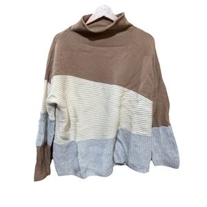 French Connection Patchwork Sweater Large $148 Funnel Neck Womens Wool Blend EUC